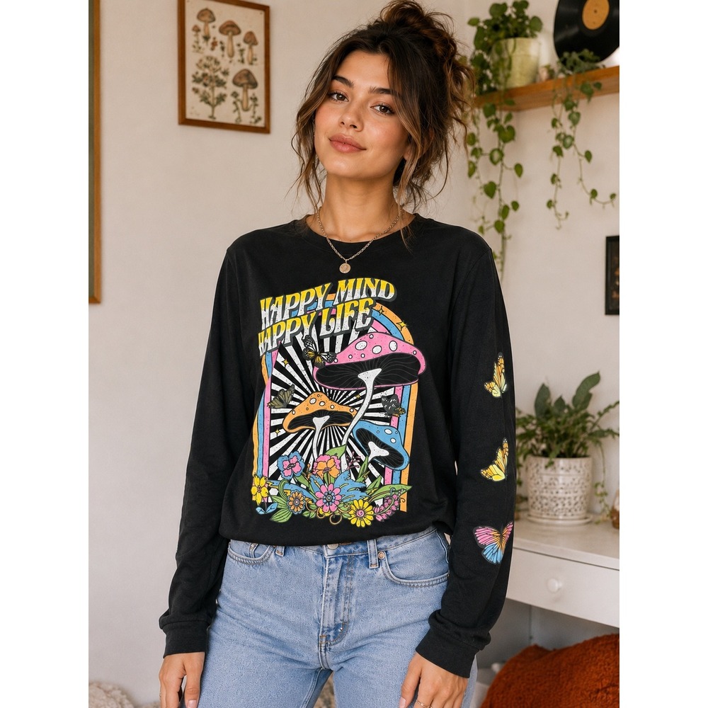 Rebellious One Happy Mind Happy Life Mushroom Graphic Whimsical Fairy Butterfly